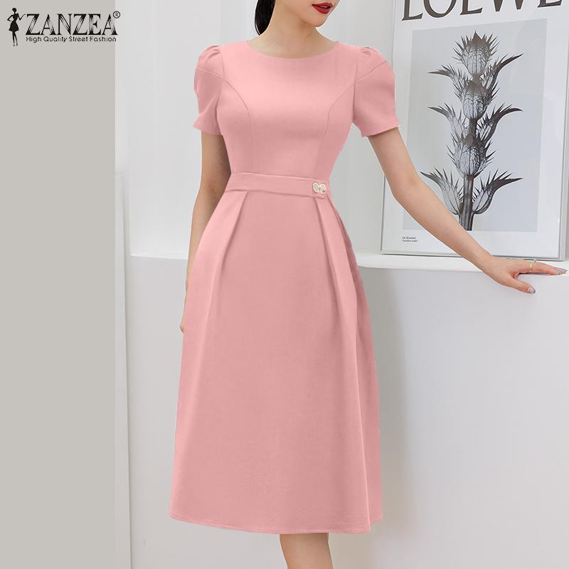 ZANZEA Женское повседневное летнее платье с круглым вырезом и коротким рукавом