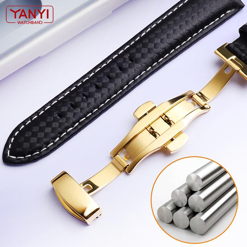 Genuine Leather Bracelet Carbon Fiber Grain Watchband Red Stitching 18mm 20mm 22mm Watch Band Strap Accessories Butterfly Buckle