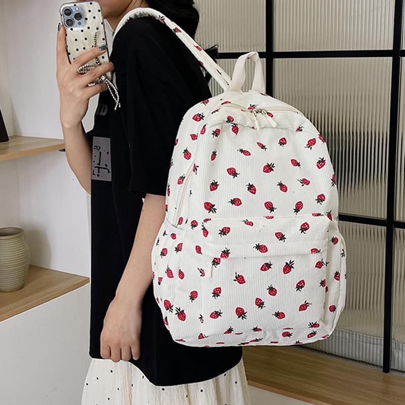 Вельветовый рюкзак с клубникой, повседневный дорожный рюкзак, большая вместимость, модный подростковый рюкзак, регулируемый ремешок для путешествий на открытом воздухе AVE