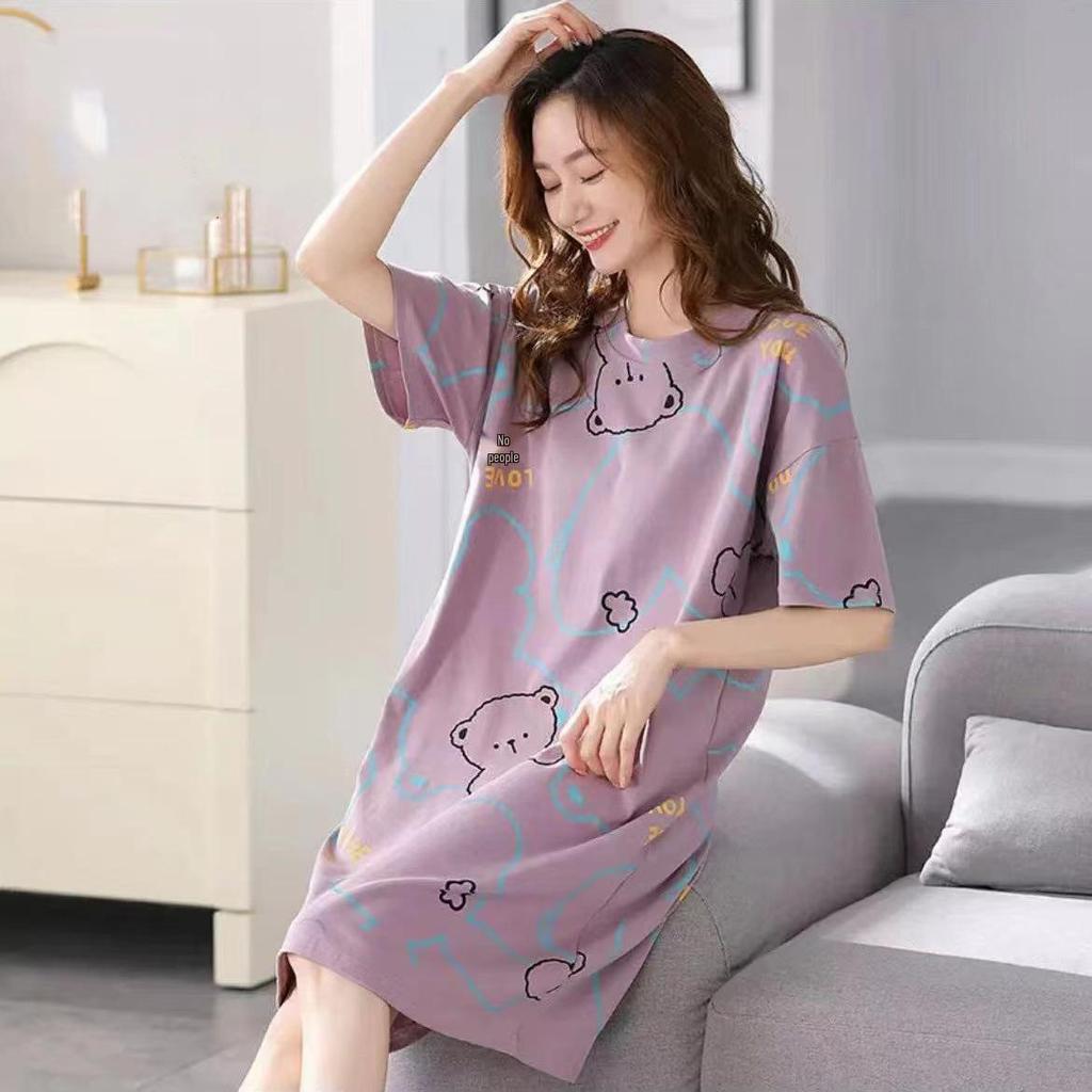 2024 Women's Cute Cartoon Summer Short-Sleeve Nightdress, Thin Large Size, Indoor/Outdoor Wear