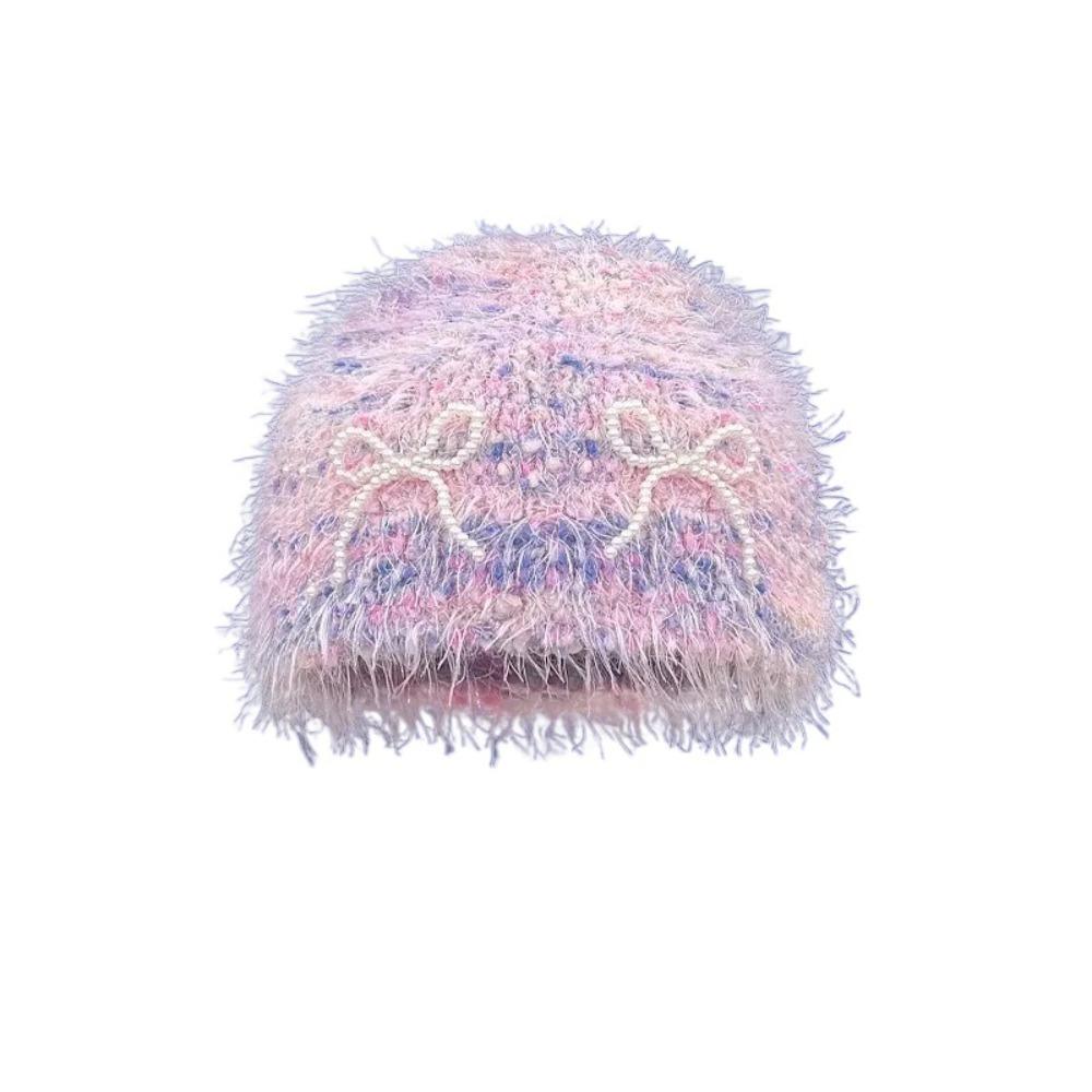 Korean Style Pearls Bow Woolen Hat Colorful Brimless Beanie Cap Knitted Pullover Hat  Women