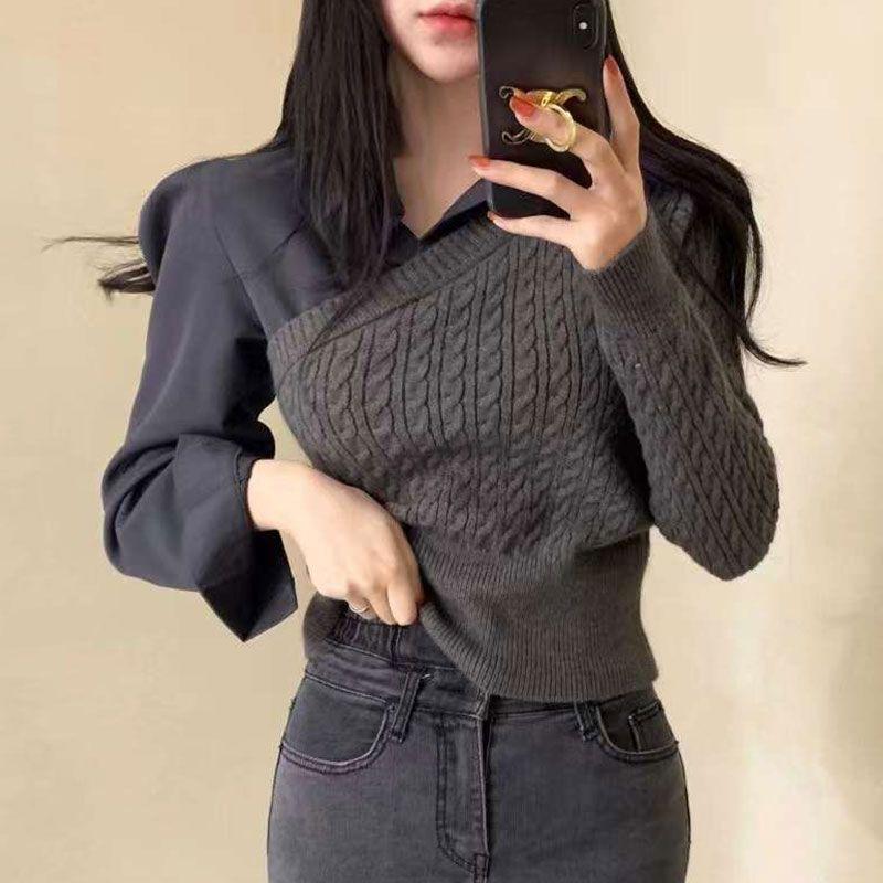 Pullover Korean Chic Autumn Niche Design Lapel Splicing Shirt Fake Two Fried Dough Twists Pattern Knitted Sweater Women
