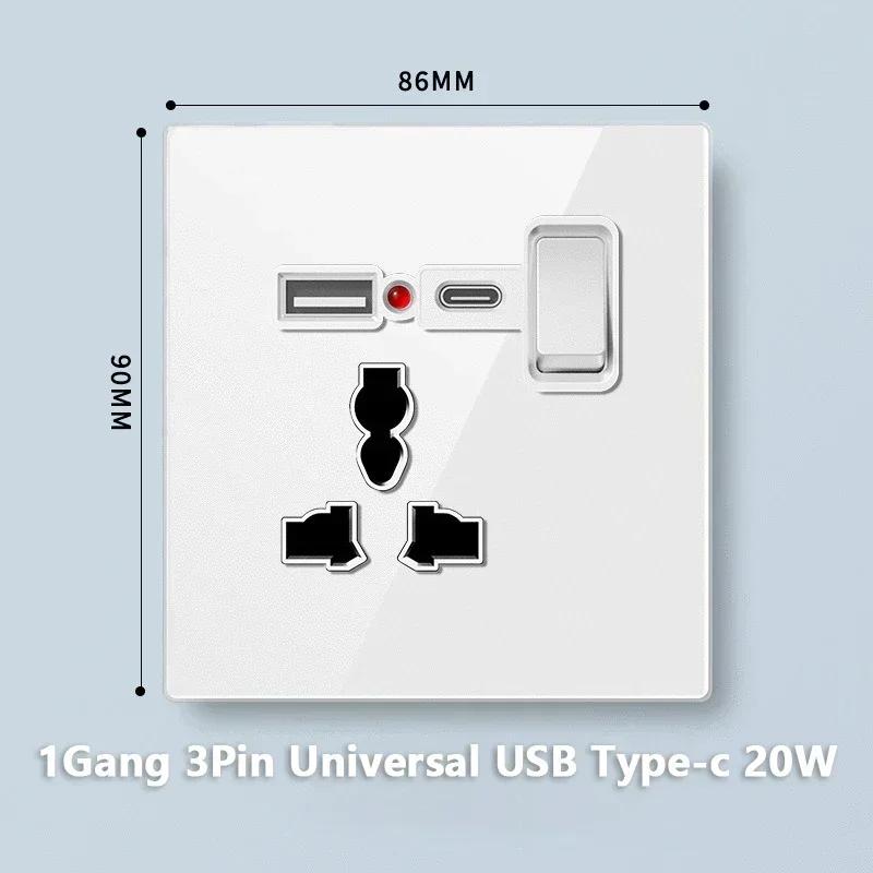 Universal Tempered Glass 20W Quick Charge USB Type-c Wall Dual 3pin Socket panel,UK 13A Wall 220V 2Way Light Switch Power Outlet