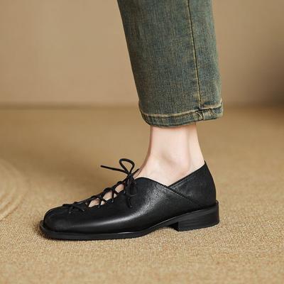 Мода НОВЫЕ Весенне-Осенние Женские Туфли Лодочки Квадратный Носок Низкий Каблук Обувь из Натуральной Кожи для Женщин Черные На шнуровке с перекрестной шнуровкой Женские Лоферы