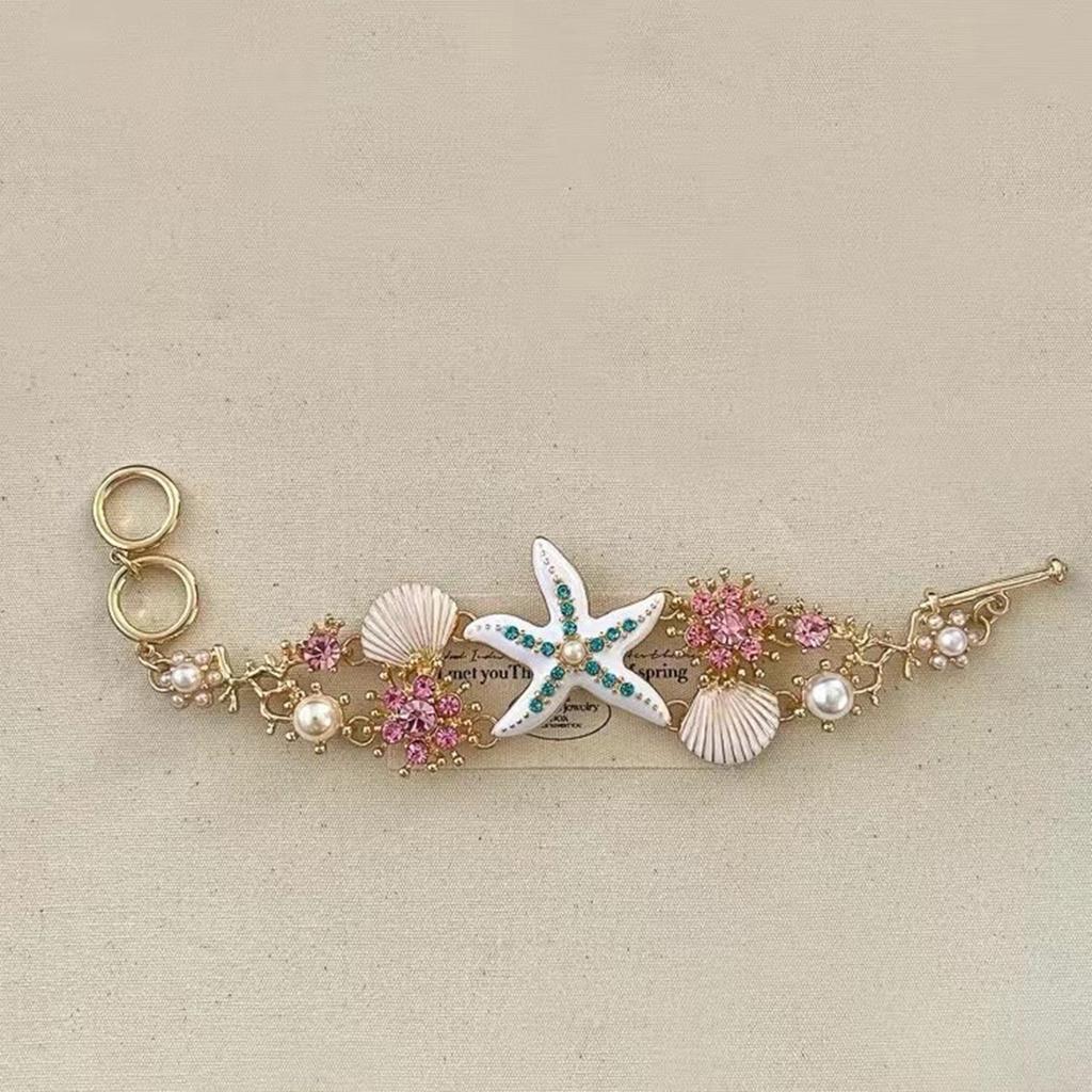 Fashion Marine Jewelry Starfish Pendant Necklace Shell Pearls Bracelet Alloy Texture Suitable for Women Beach Outfits