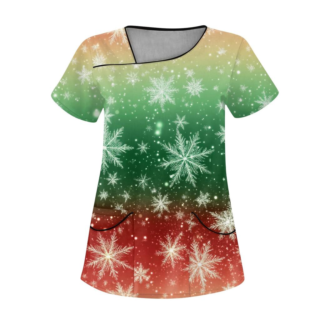 Женская рабочая одежда с рождественским принтом, покатый воротник и двухслойные карманы, базовый пуловер сверху