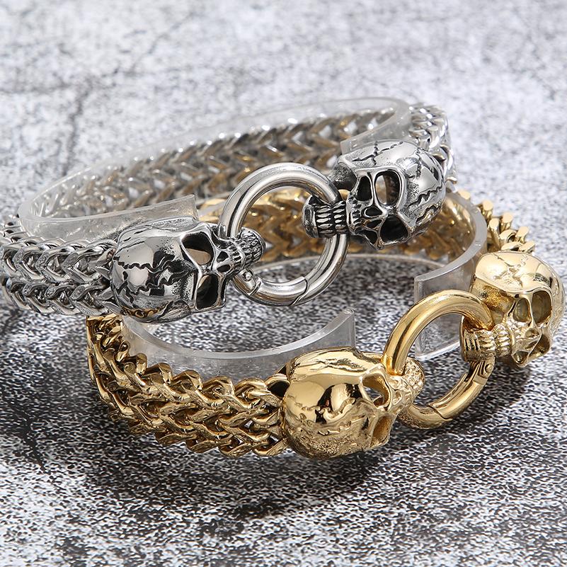 Готический браслет с черепом, мужской браслет в стиле панк-рок, мужские байкерские браслеты, позолоченные ювелирные аксессуары из нержавеющей стали