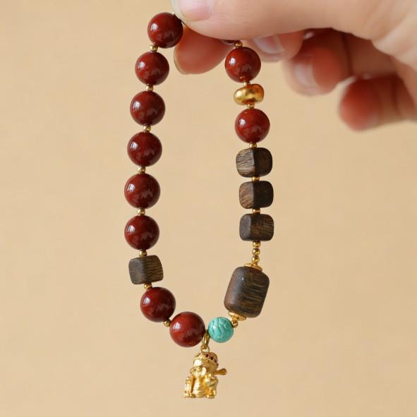 Layered Agarwood Bracelet with DIY Gold-Plated God of Wealth Charm - Exclusive Xiaohongshu Model