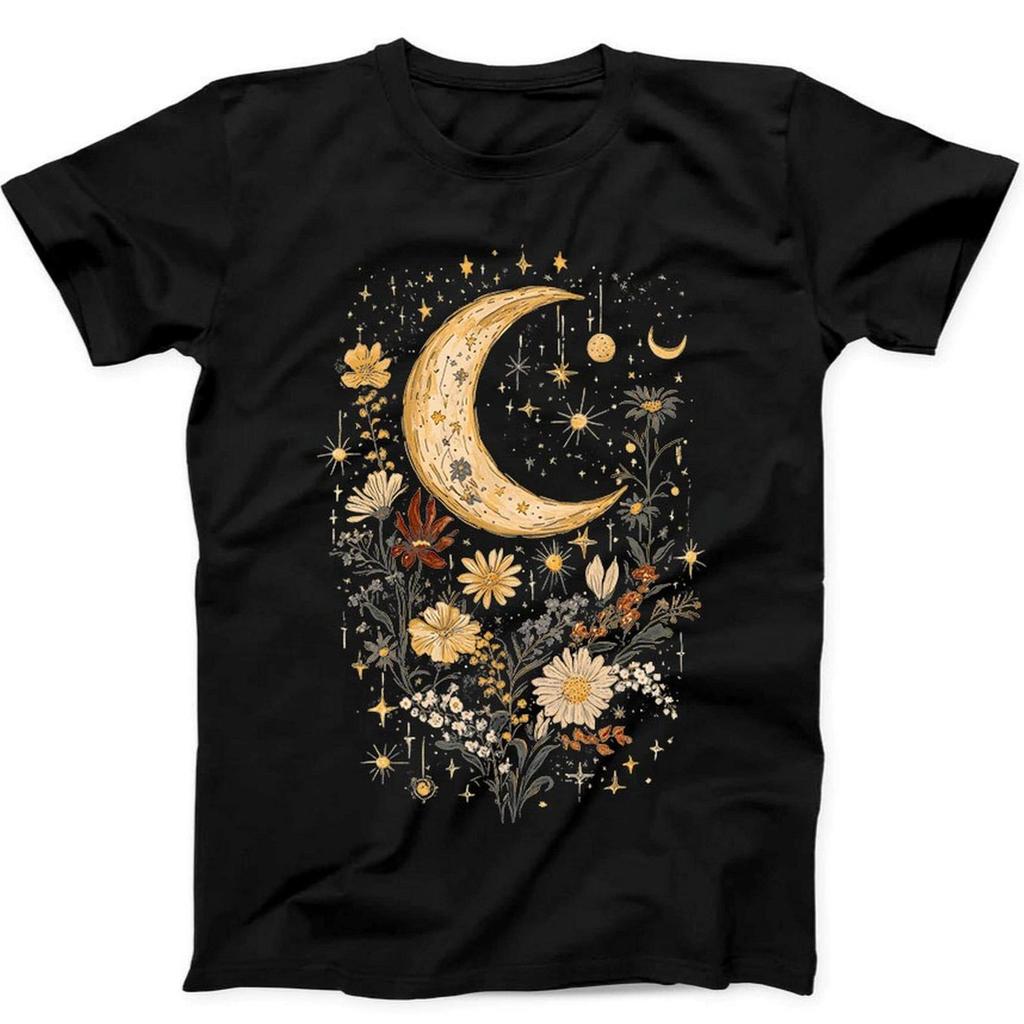 Celestial Moon Boho Flowers Best Seller Funny Gift Black Tee T Shirt B362