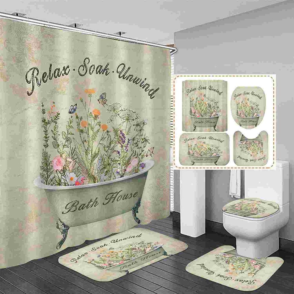 Butterfly Flower Printed Bathroom Shower Curtain Set Waterproof Shower Curtain Anti-Skid Rugs Carpet Toilet Lid Cover Bath Mat