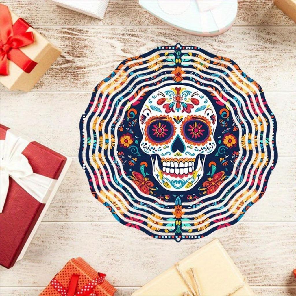 2D Metal Sugar Skull Wind Chime with Floral Design Colorful Wind-Powered Hanging Decor for Garden Patio Holiday