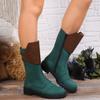 Leather Wide Calf Boots for Women Ladies Fashion Retro Color Blocking Leather Side Zippered Thick Heeled Mid Length Boots