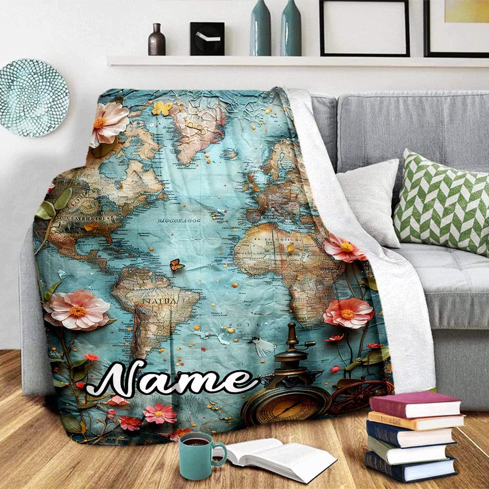 World Map Theme Home Customize Your Name Blankets Comfortable Soft Lightweight Allseason Multipurpose Blanket For Picnics Sofas Offices Beds Living