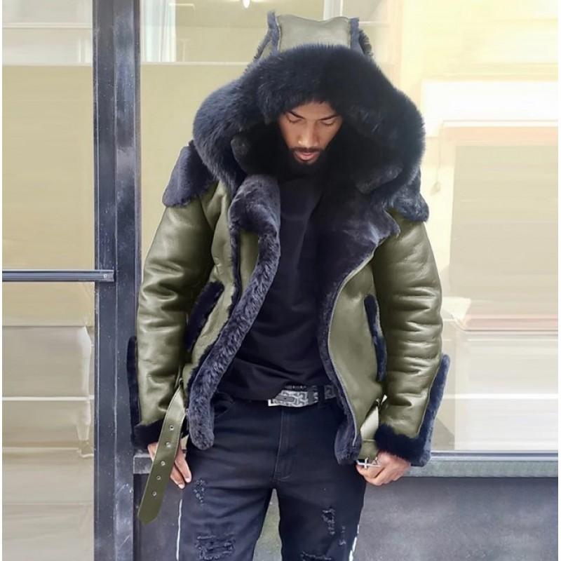 Mens PU Leather Faux Fur Lined Hooded Short Winter Coat Slim Fit British Style