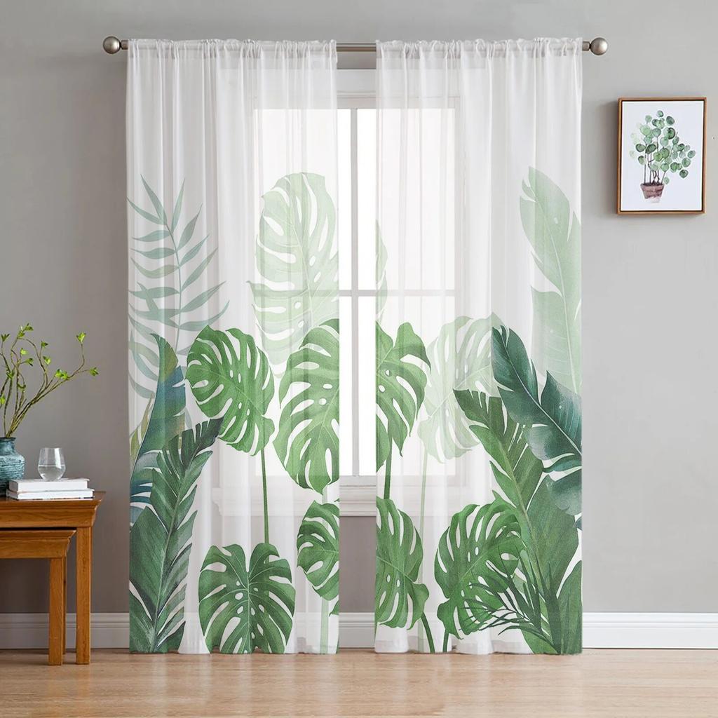 Tropical Plants Sheer Window Curtains for Living Room Girl Bedroom Tulle Curtains Kitchen Veil Chiffon Drapes