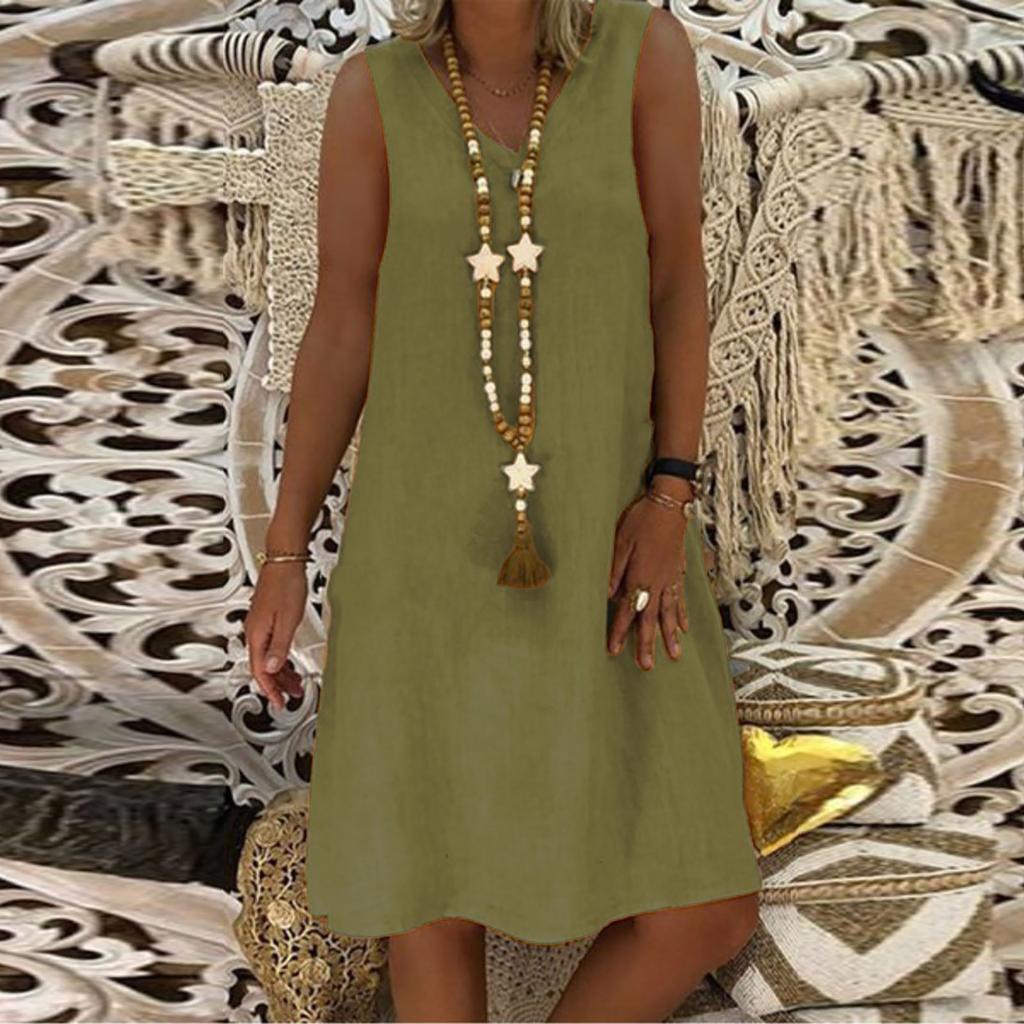Женское летнее повседневное однотонное свободное платье без рукавов с v-образным вырезом