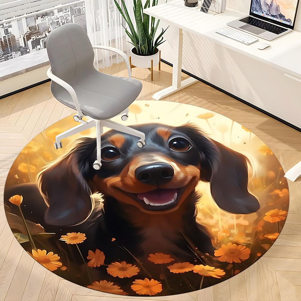 1pc Dachshund, Yellow Flowers Carpet for Office Non-Slip, Round Carpet, Soft & Comfortable, Carpet for Office, Round Floor Mat yy251225143