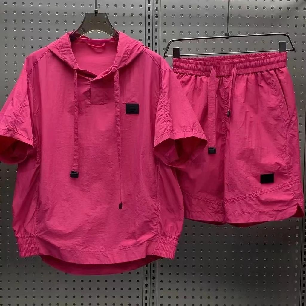 Мужской летний спортивный комплект из тонкой быстросохнущей ткани с капюшоном, короткими рукавами и шортами, комплект из двух предметов