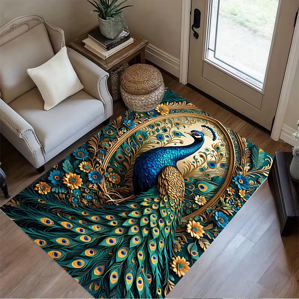 1pc Home Carpet Peacock and Flowers Non-Slip Design for Office Decor Living Room Bedroom Gift