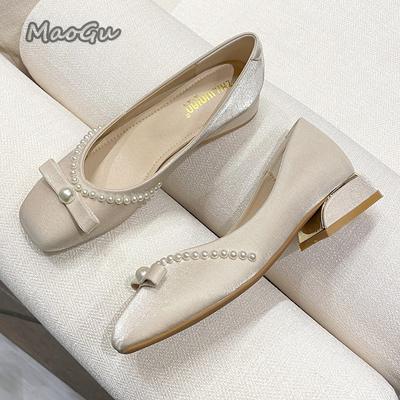 Модные женские туфли-лодочки на среднем каблуке, модные милые туфли на толстом каблуке с квадратным носком, жемчужный атласный бант, женские свадебные туфли для вечеринки, туфли для невесты, женские 43