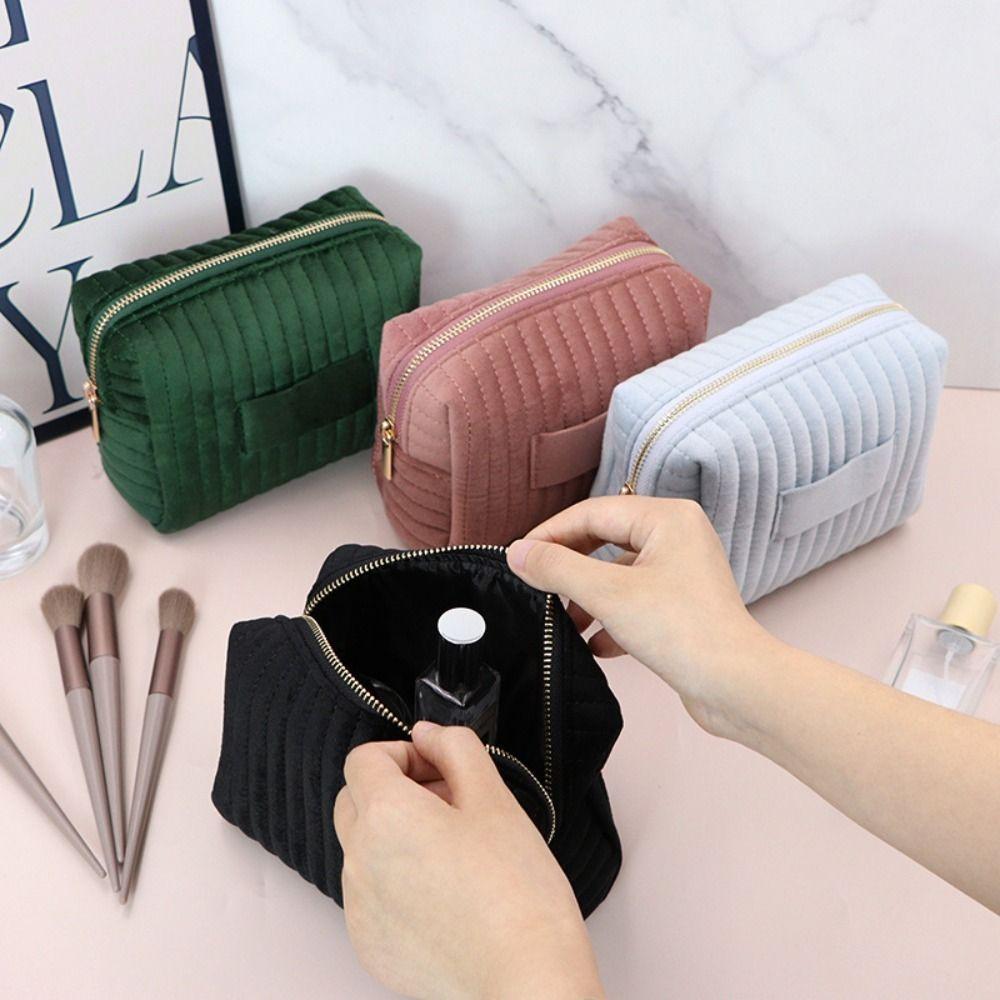 Zipper Travel Toiletry Bag Solid Color Cosmetic Pouch Portable Velvet Makeup Bag Office