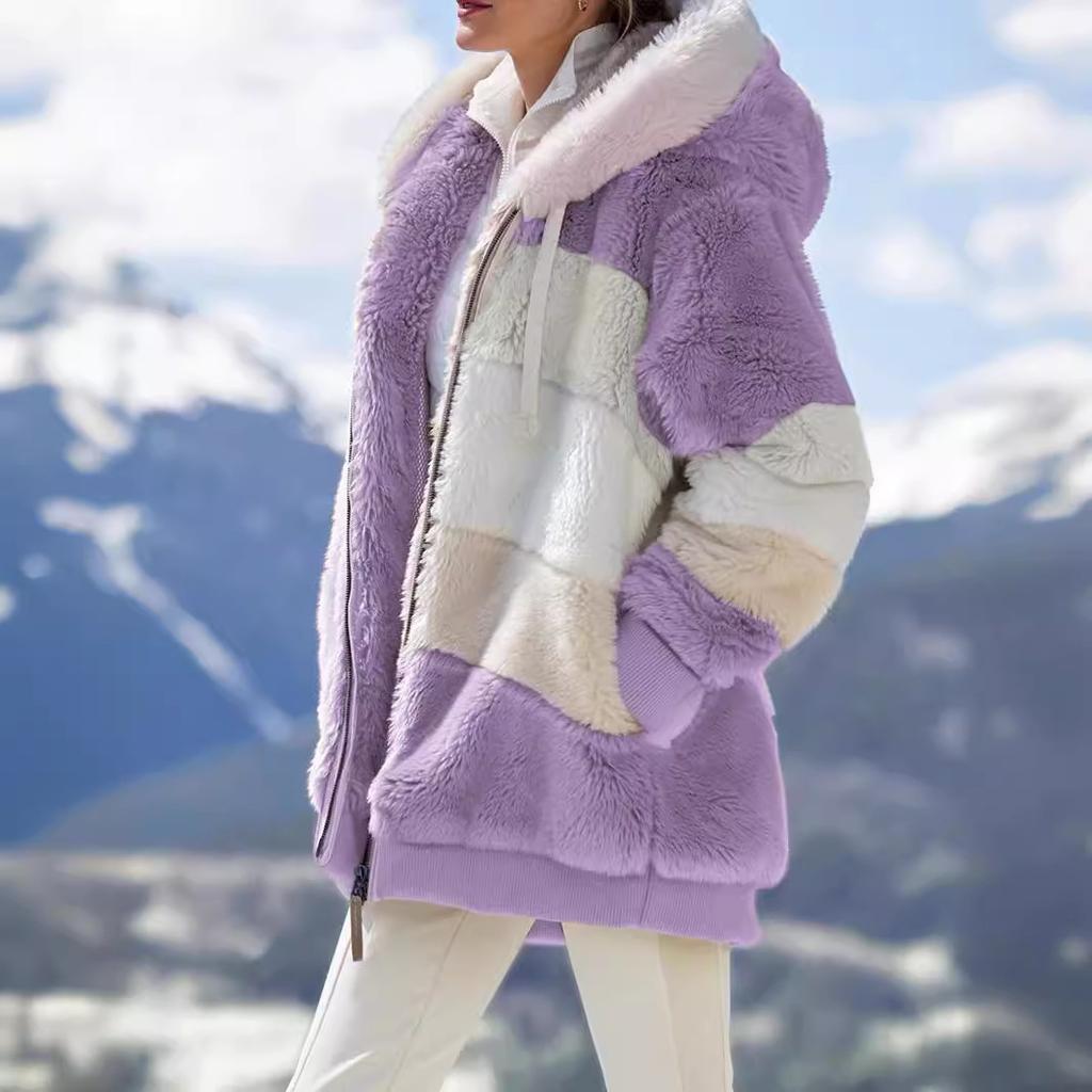 Многоцветная короткая свободная плюшевая куртка с капюшоном для женщин