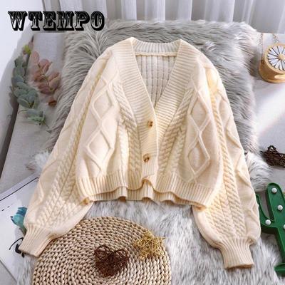 Осенний женский короткий вязаный кардиган в корейском стиле, свободный и ленивый, с рукавами-фонариками, свитер, пальто