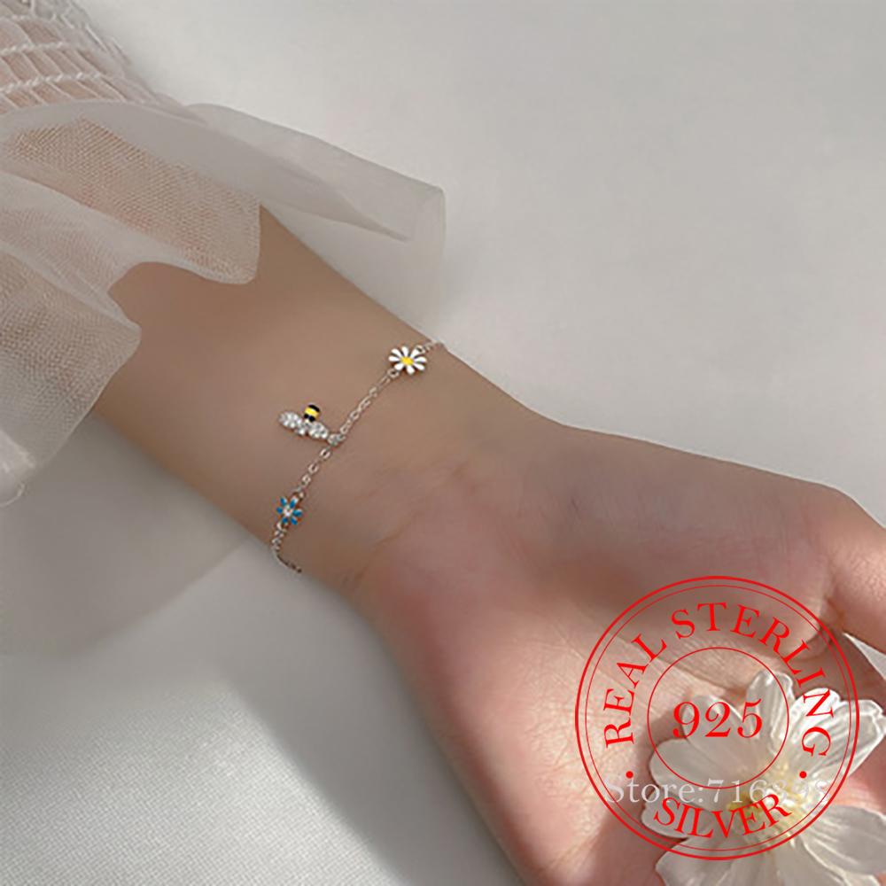 925 Sterling Silver Daisy Bee Charm Bracelet For Women Girls Party Wedding Trendy Bangle Bijoux Luxury Jewelry Accessories