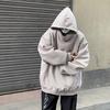 Fall Winter Men Hoodie with Big Pockets Buttoned Hood Loose Elastic Cuff Warm Pullover Mid Length Hip Hop Solid Color Top for Sport Daily Wear