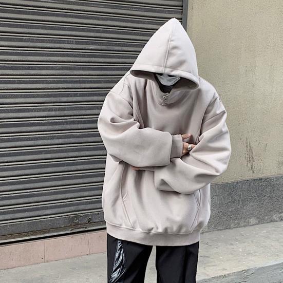 Fall Winter Men Hoodie with Big Pockets Buttoned Hood Loose Elastic Cuff Warm Pullover Mid Length Hip Hop Solid Color Top for Sport Daily Wear