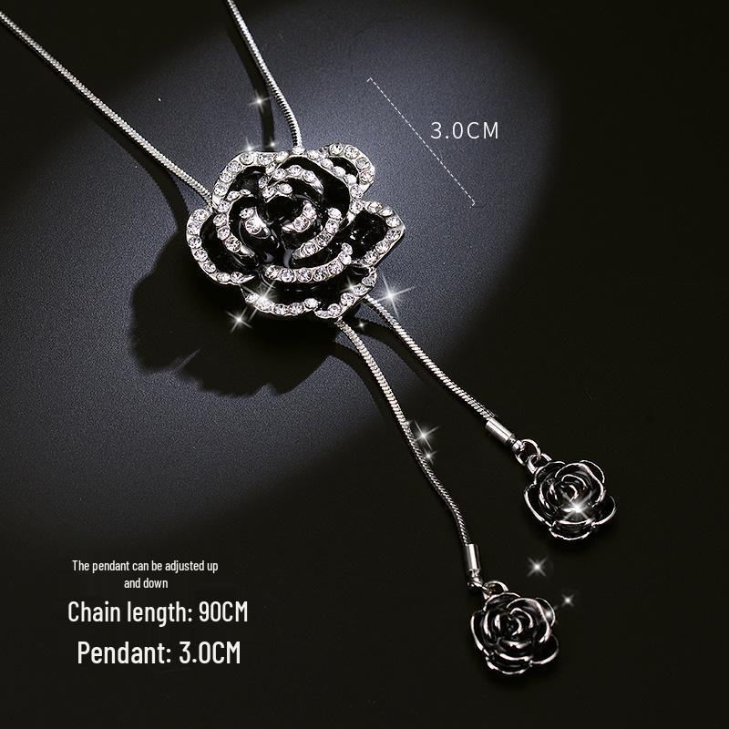 High-Quality Black Rose Necklace: Elegant Long Sweater Chain for Women