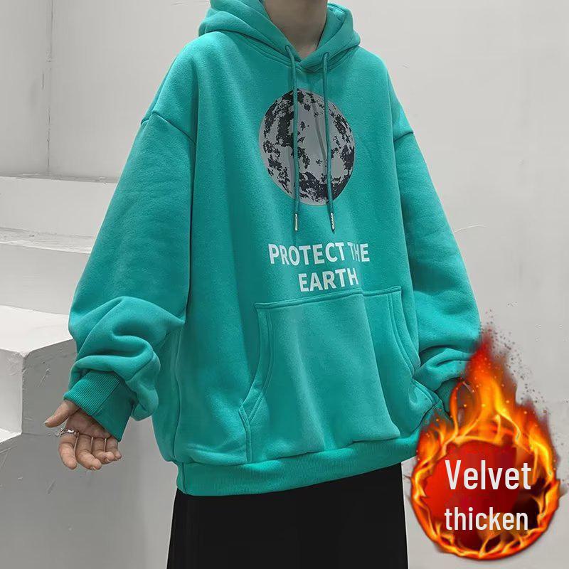 Мужская толстовка с капюшоном на бархатной подкладке в гонконгском стиле: Модный, свободный, универсальный повседневный топ на осень и зиму