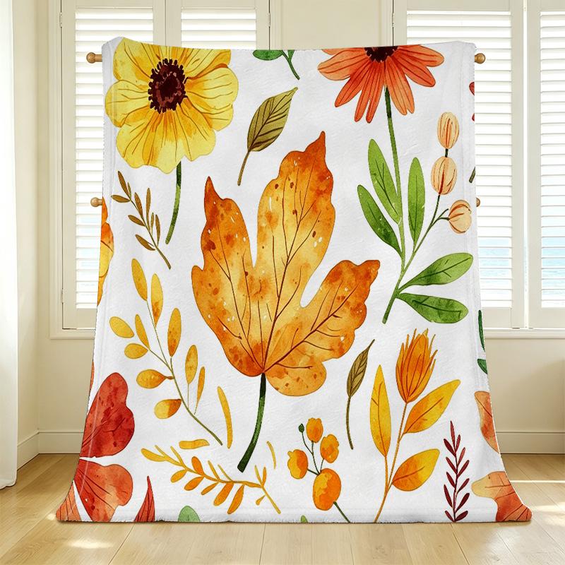 Hemmed Flannel Throw Blanket, Floral Leaf Design, Soft Cozy Warm Blanket for Bedroom, Couch, Home Relaxing Comfortable All-Use Throw