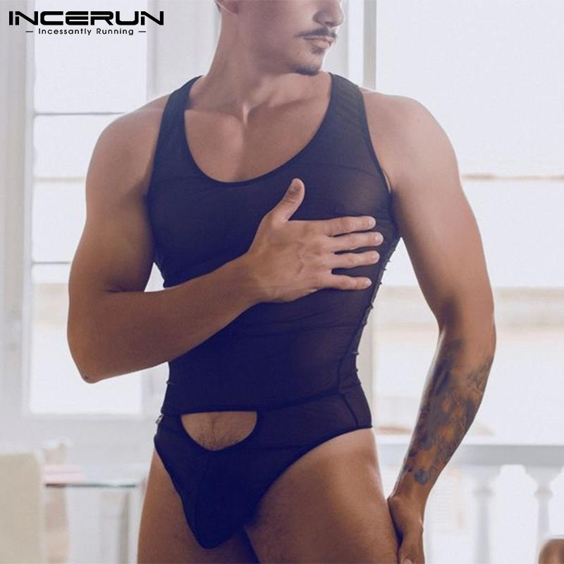 INCERUN Летний модный мужской прозрачный сетчатый сексуальный комбинезон без рукавов, однотонный тонкий домашний комбинезон, нижнее белье, комбинезон