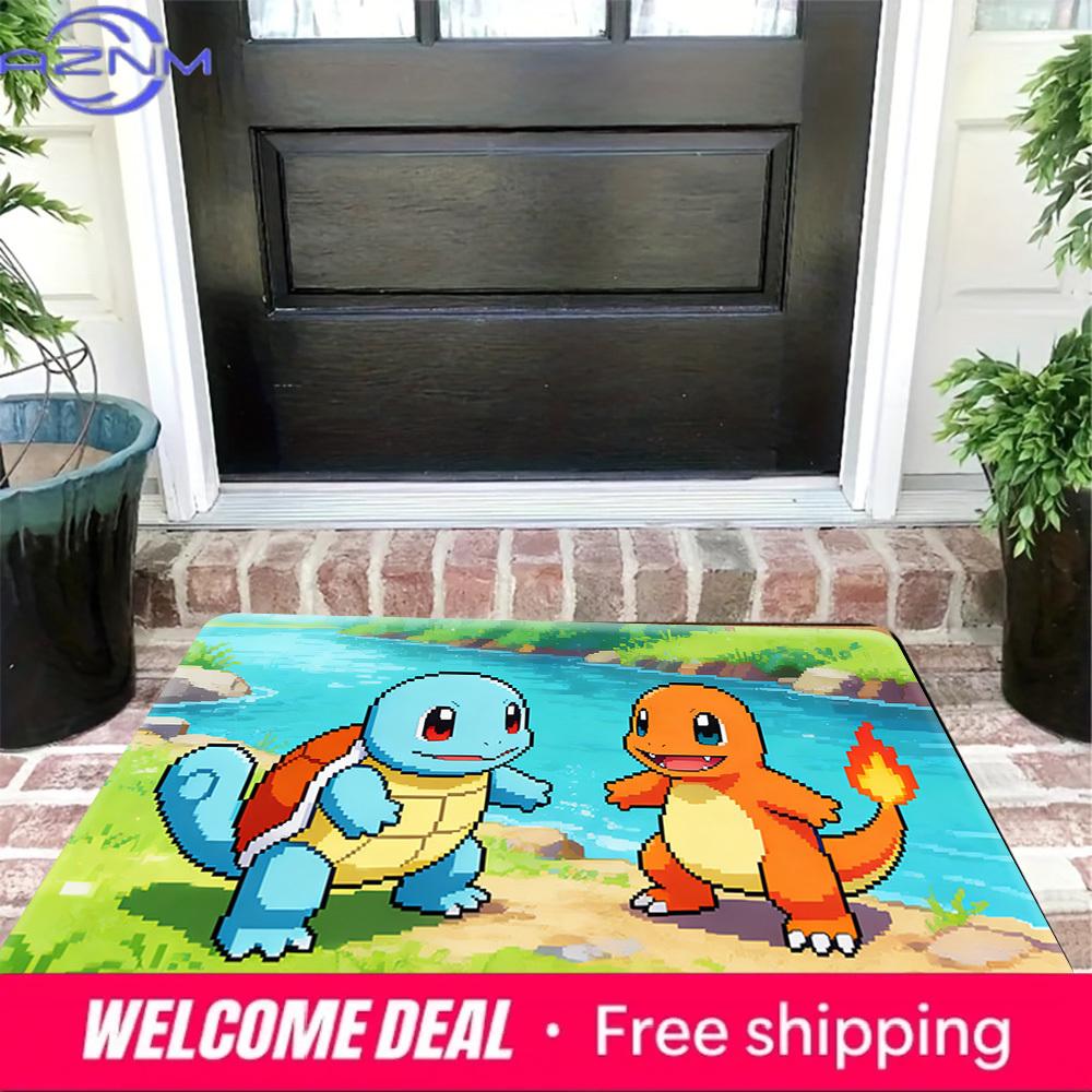 Pokemon Squirtle and Charmander Pixel River Print Non-slip Doormat, Soft Absorbent Floor Rug for Home Decor