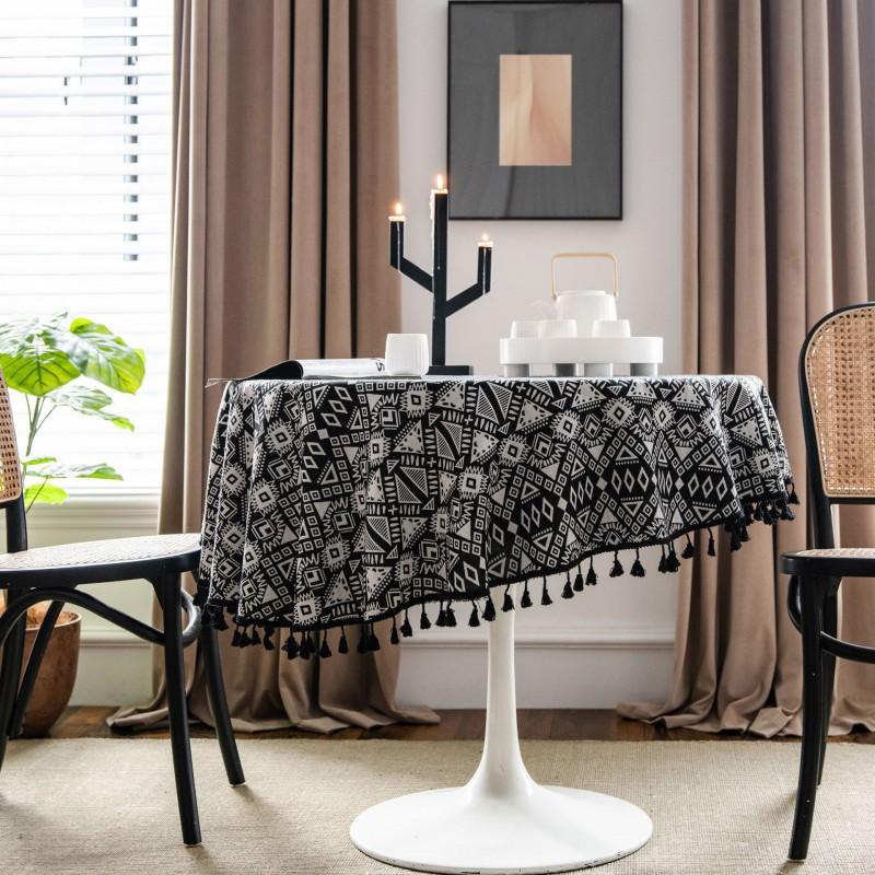 Black Geometric Cotton Tablecloth Cafe Bar Dining Table Decor Thick Double-Sided Rectangular Cover