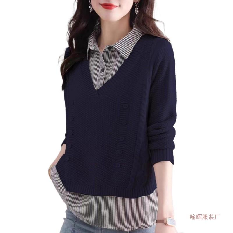 Womens Polo Collar Knit Sweater Fake Two Piece Top 2026 Fashion Casual Outerwear Base Shirt
