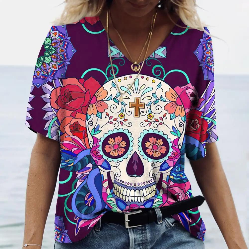 Flower Skull Pattern 3D Digital Print Women's Comfortable V-neck Short Sleeved T-shirt