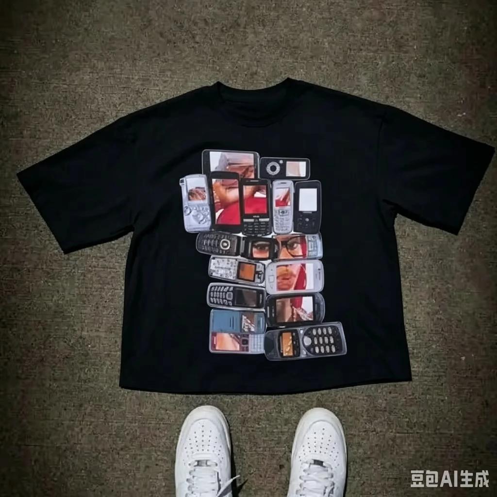 Retro Y2k Classic Mobile Phone Multi Layer Collage Front Print Tshirt Unisex Nostalgic Tech Loose Fit Streetwear Top