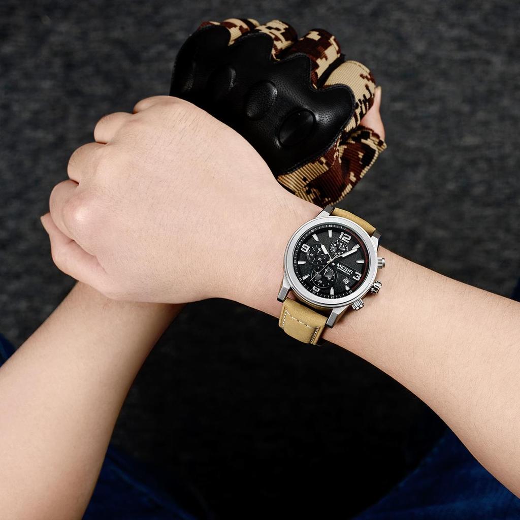 Megir Модные спортивные часы, мужские роскошные брендовые мужские кварцевые часы с хронографом, кожаный ремешок, армейские военные наручные часы 2026