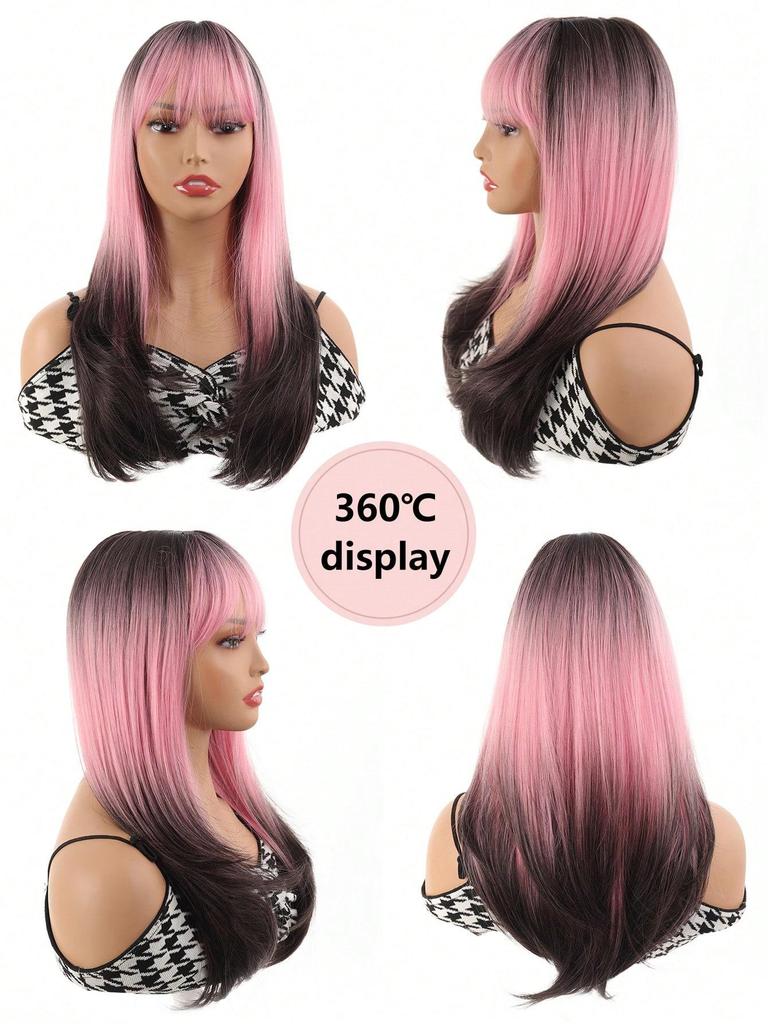 Длинные розовые черные парики с эффектом омбре для чернокожих женщин, розовые коричневые парики с густой челкой, парики для косплея, цветные парики, синтетические многослойные парики для повседневного использования