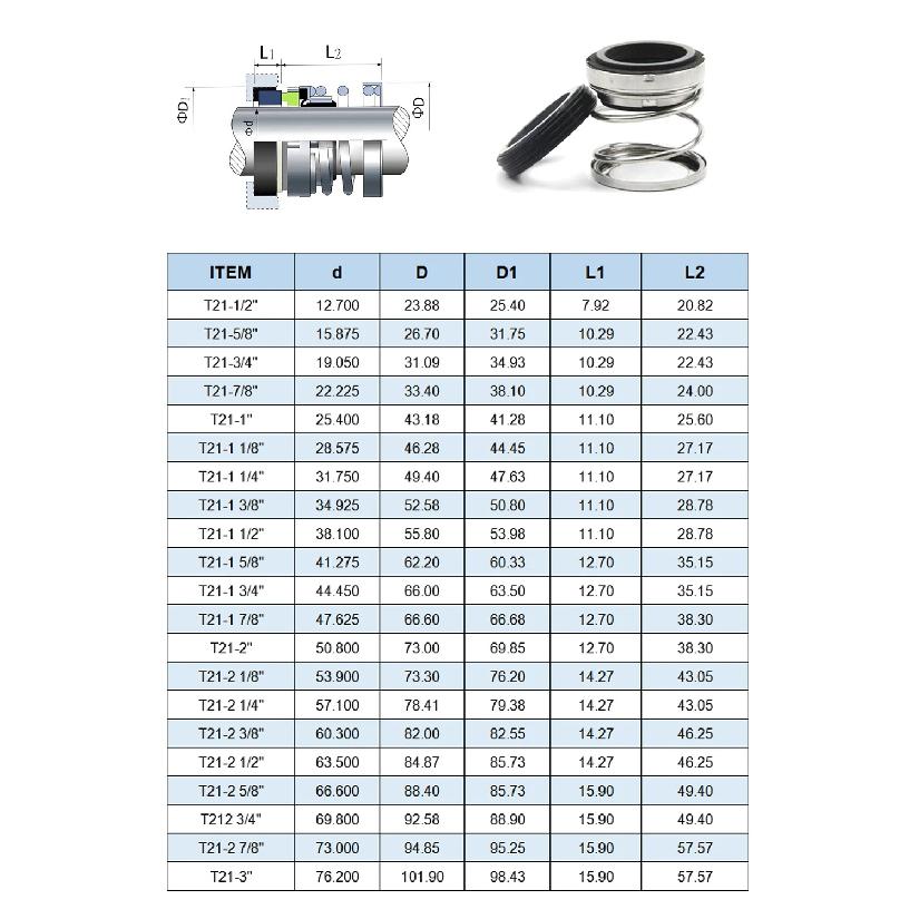 T21-1 1/8" Type 21-1.125 Single Spring Elastomer Bellow Mechanical Seal, Type 21, for 1-1/8" Shaft Water Pump