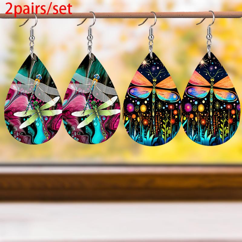 Starry Sky Flower Dragonfly Artificial Leather Earrings Spring Earrings Double-sided Printing Lightweight Earrings Teardrop Earrings