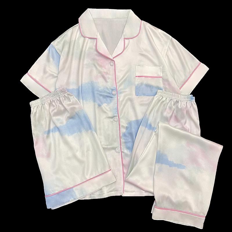 Pajamas three-piece summer ice silk short-sleeved blue pink smudged girls can wear cardigan loungewear