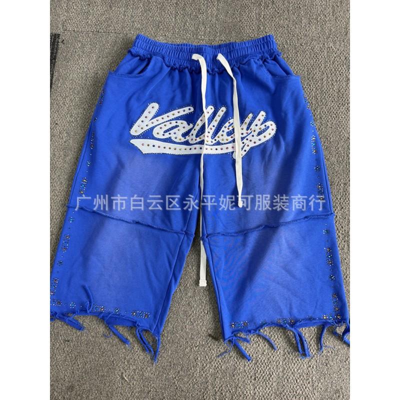 Mens Streetwear Cotton Shorts With Rhinestone Embroidery Loose Fit Casual Seven-Eighths Pants