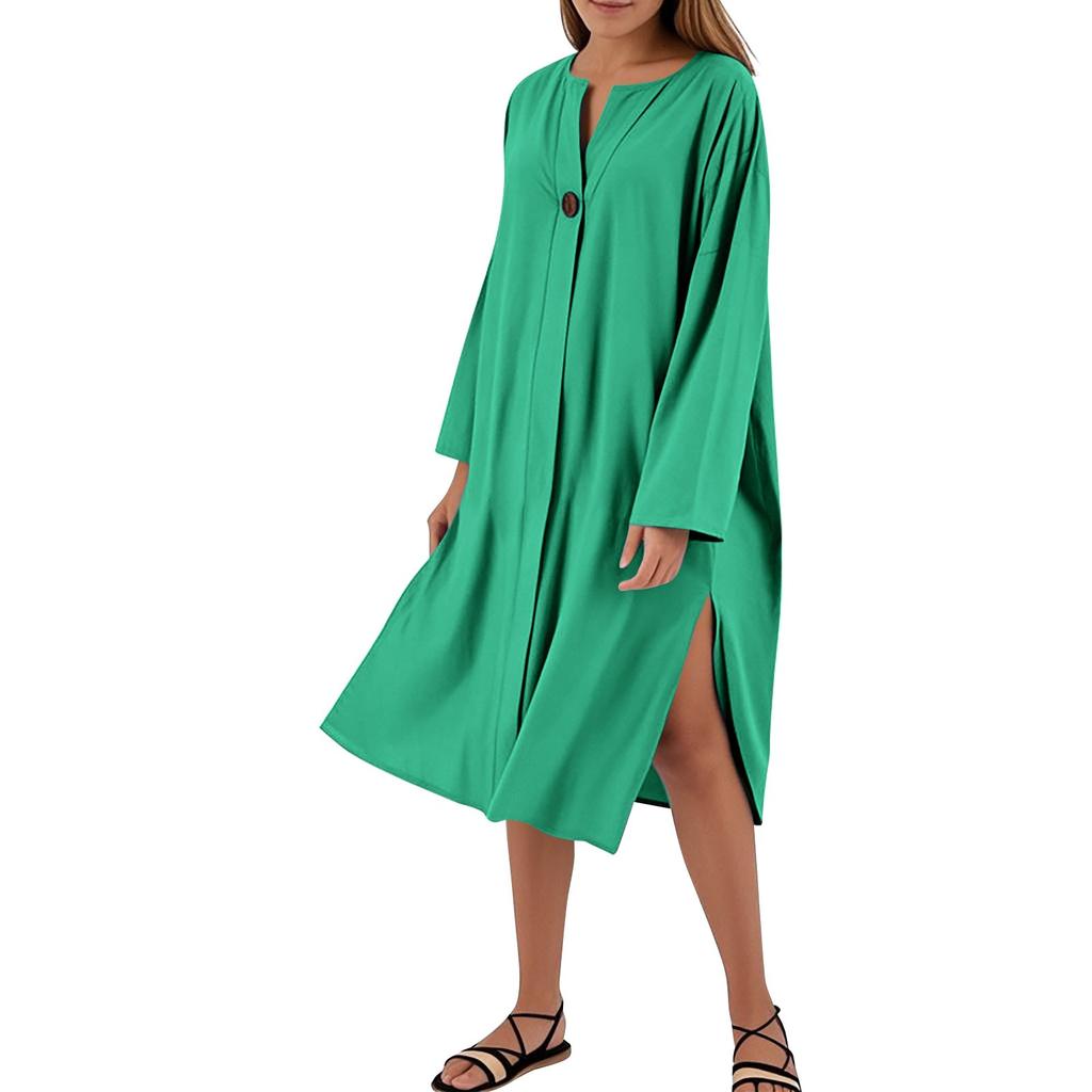 Women's Dresses Loose Casual Solid Color V-Neck Button Long Dresses
