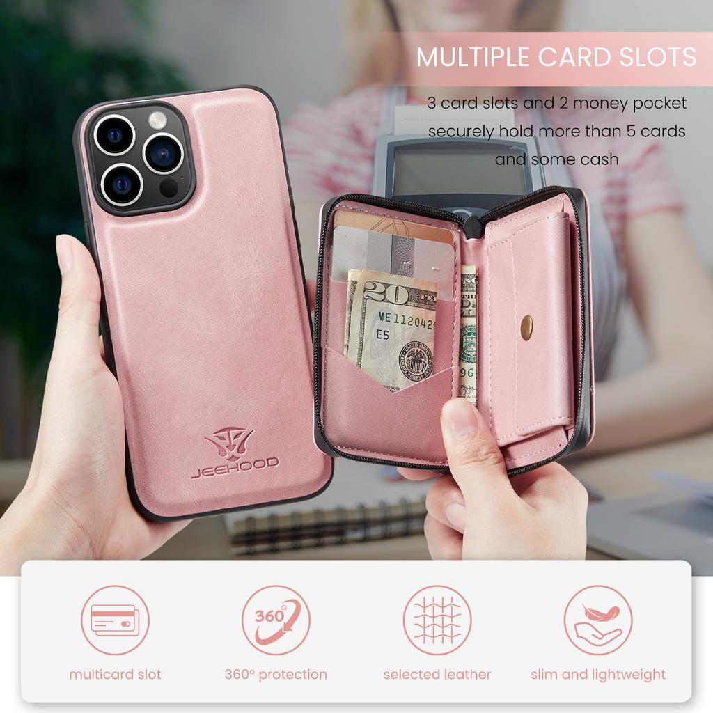 Magnetic Zipper Wallet Leather Case for iPhone 15 Pro Max 16 Pro 14 Plus 13 12 Mini 11 Xs Max X XR 7 8 SE3 Detachable Card Cover