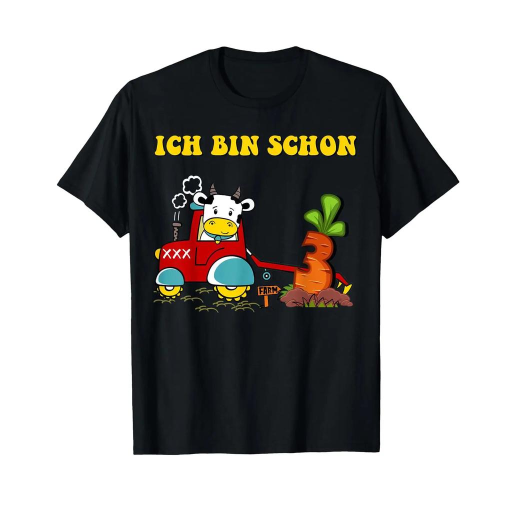Children's T Shirt with Ich bin 3 Jahre Funny Birthday Tractor Cow black vintage Washed Unisex Top For Everyday Wear Breathable