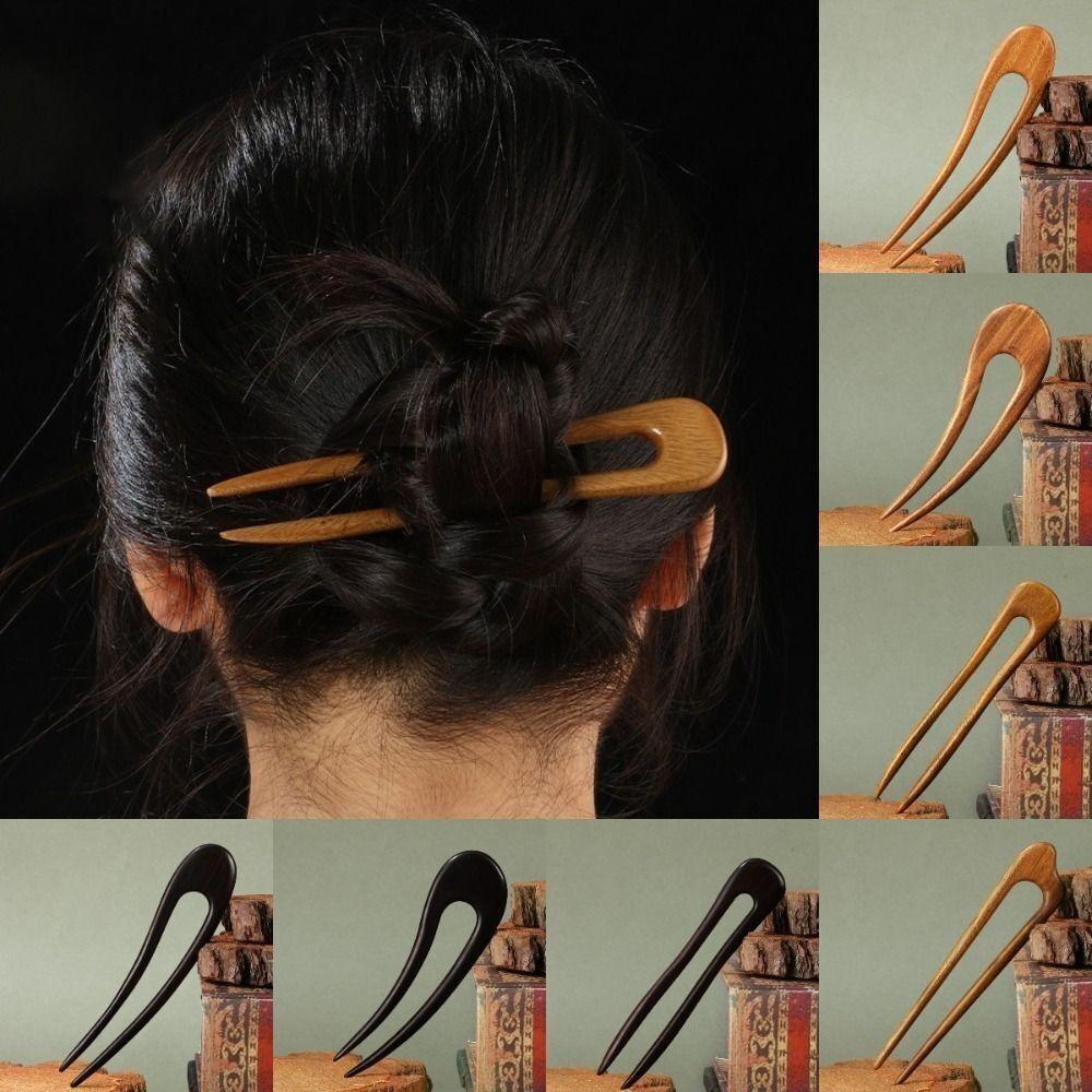 Wooden Chinese Hair Sticks U Shaped Women Hair Bun Simple Hair Forks