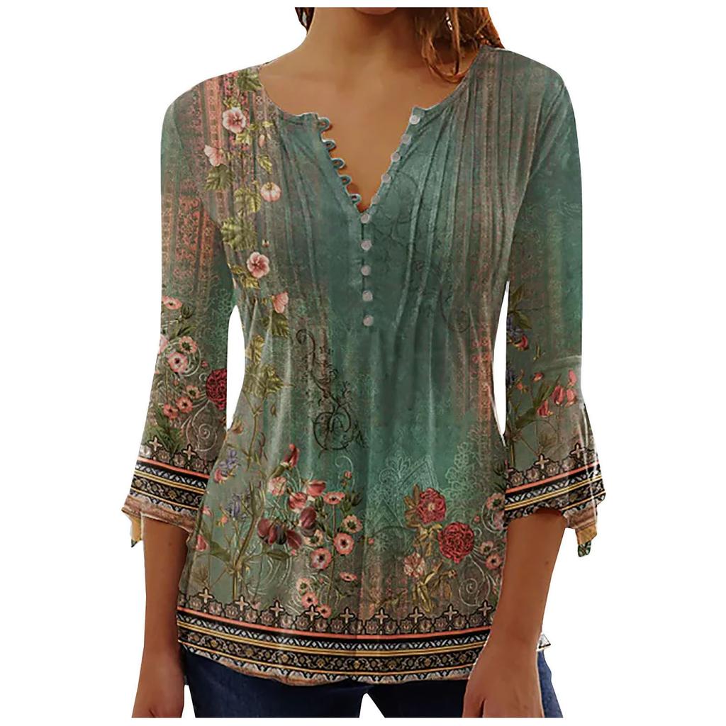 Женская футболка с v-образным вырезом и коротким рукавом с цветочным принтом и пуговицами
